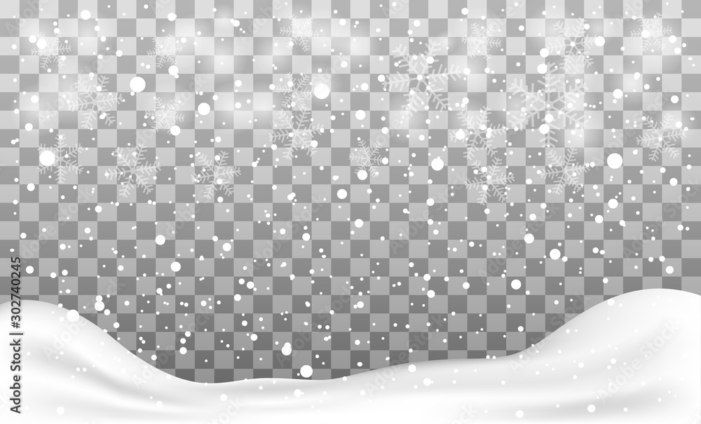 Falling snowflakes or snowflakes on transparent background. Vector illustration - obrazy, fototapety, plakaty 