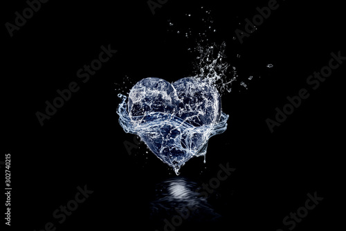 Heart made of water is on the black background. Happy Valentine's Day