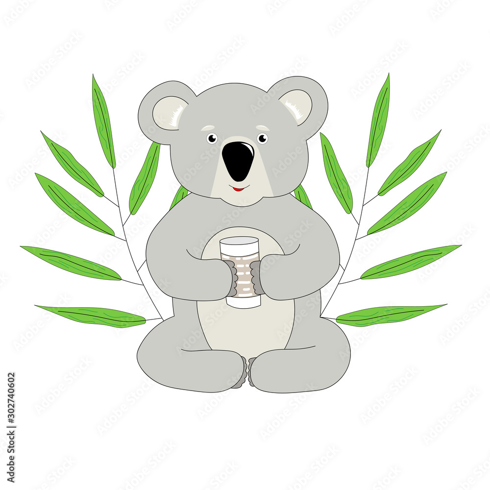 Fototapeta premium Cute cartoon vector koala with a glass of milk in her paws. Two branches with eucalyptus leaves.