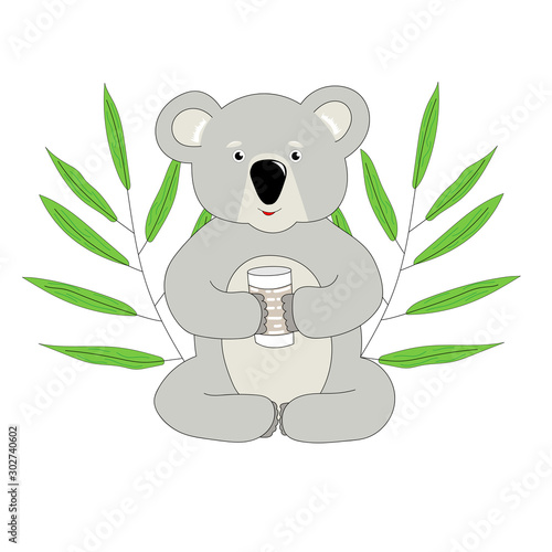 Cute cartoon vector koala with a glass of milk in her paws. Two branches with eucalyptus leaves.