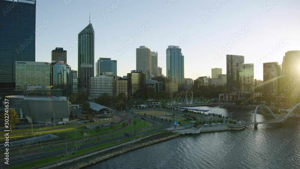 Aerial view Perth waterfront at sunrise Elizabeth Quay Aerial view Perth waterfront at sunrise Elizabeth Quay