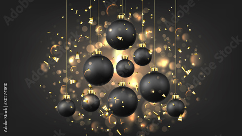 Christmas and New Year background. Holiday vector illustration with realistic black balls, gold confetti and effect bokeh on black background. Festive card with shape of tree from Xmas balls.