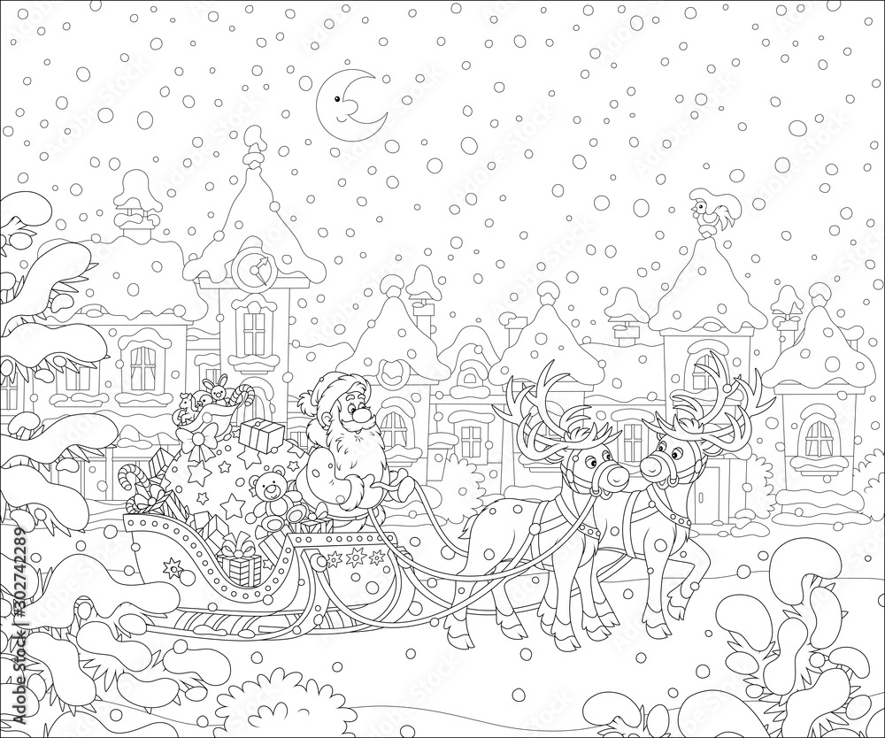Santa Claus with a big bag of holiday gifts in his celebratory decorated sleigh with magic reindeers in a snow-covered town on the snowy night before Christmas, vector cartoon illustration