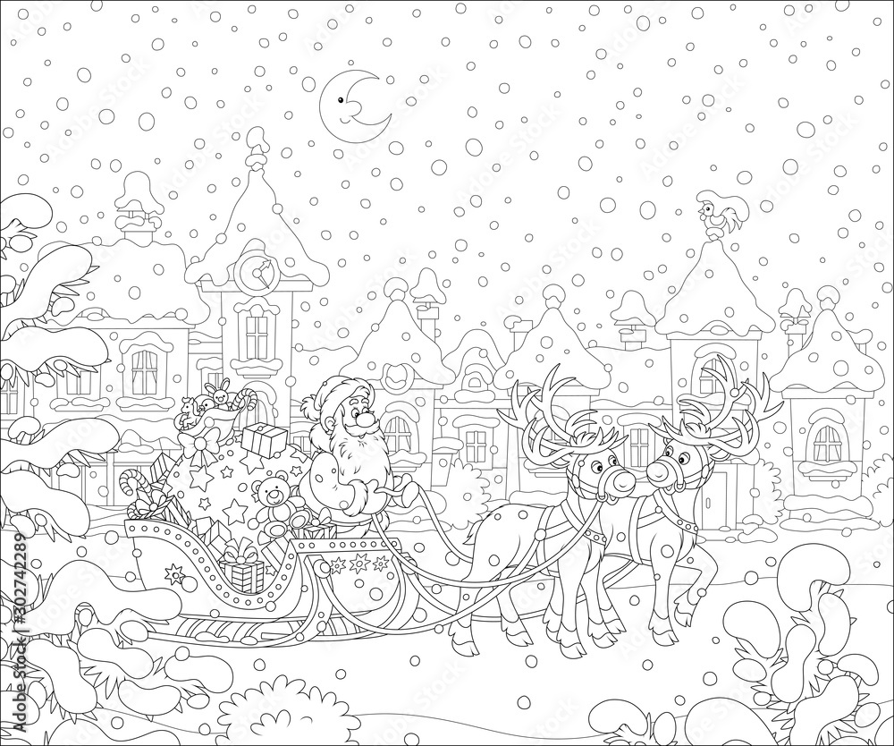 Fototapeta premium Santa Claus with a big bag of holiday gifts in his celebratory decorated sleigh with magic reindeers in a snow-covered town on the snowy night before Christmas, vector cartoon illustration