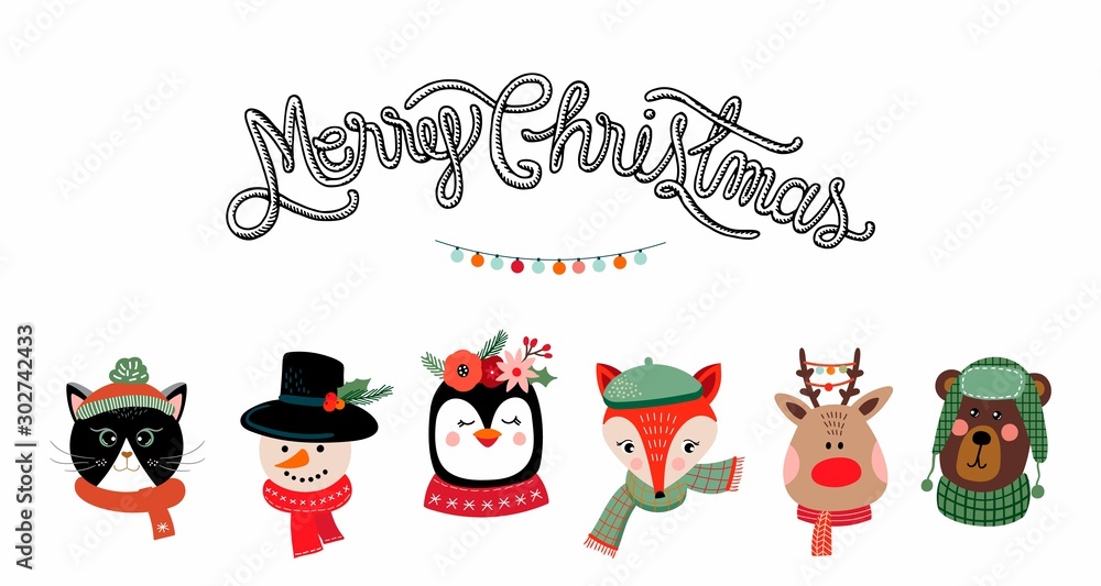 Christmas poster/banner with cute characters isolated on white background and hand lettering message