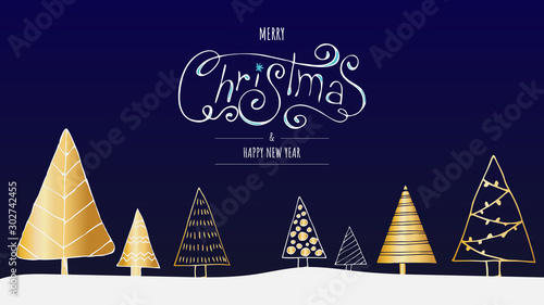 Stock Vector Merry Christmas banner or card. Happy new year Template with gold christmas trees snow and hand-drawn inscription on dark blue background. Horizontal christmas poster, greeting cards