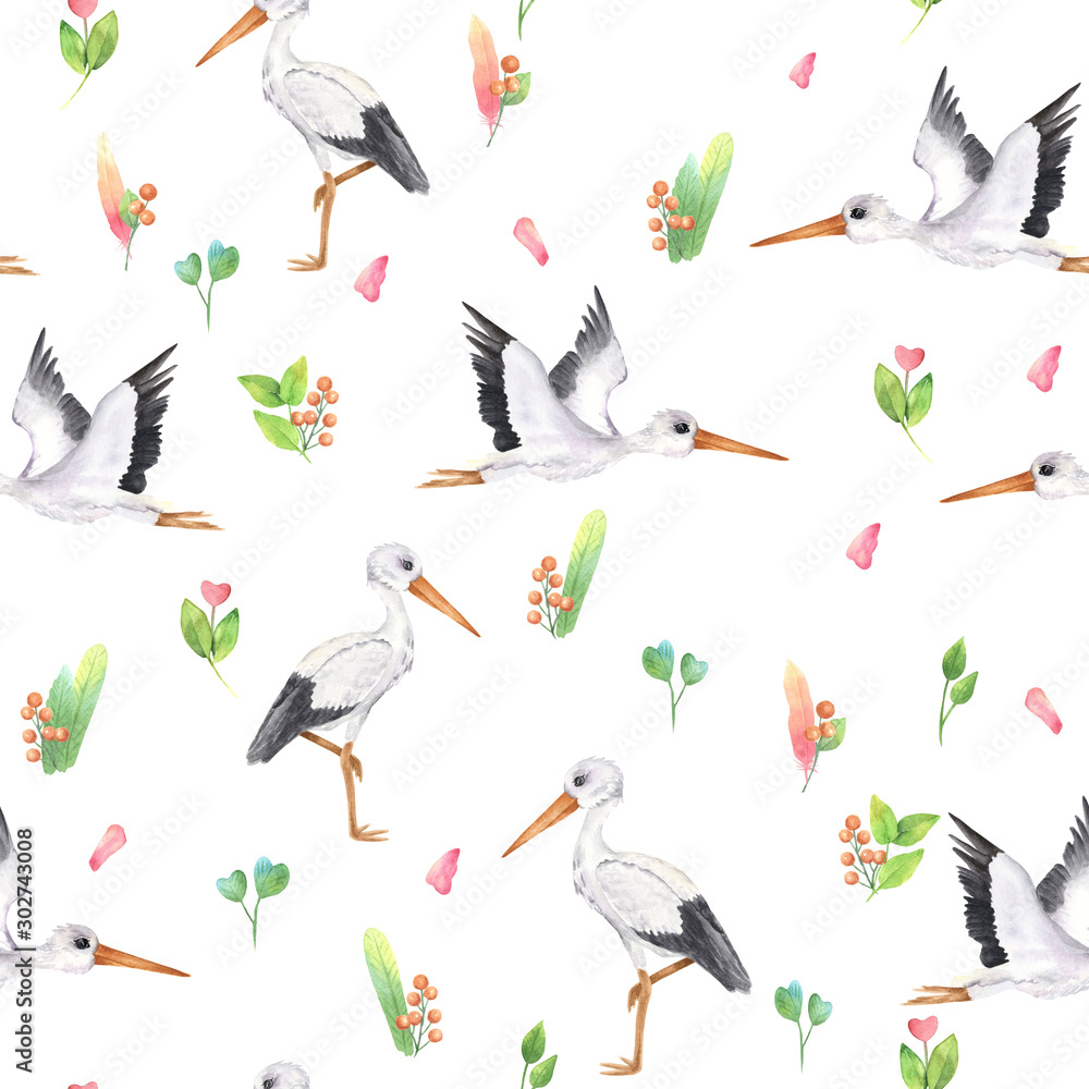 Seamless hand drawn  watercolor pattern. Flying stork  and leaves, isolated elements on white background.