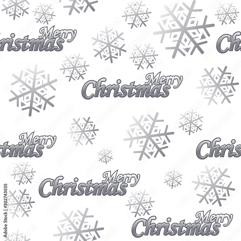 Seamless pattern Merry Christmas. Silver logo and snow on white background