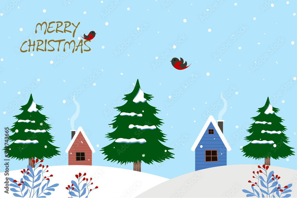  Merry Christmas! Snow-covered houses and pines, falling snow. Suitable for background, invitation or greeting card. Vector illustration on a blue background with text in a flat style.