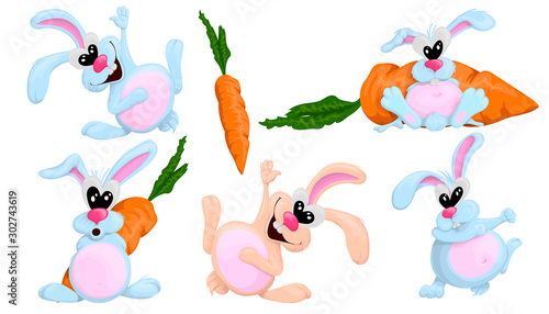 Set of cute and cool hares on white background. Cartoon vector illustration