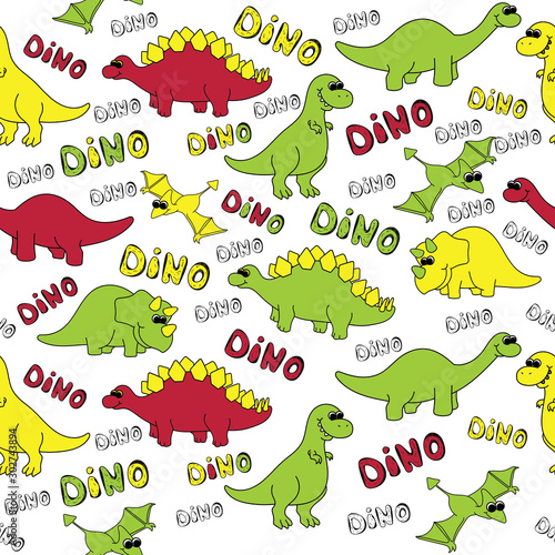 Dinosaurs. Seamless pattern with the inscription Dino. Vector illustration in doodle style. Hand drawn. colored on white.