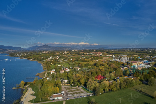 Aerial photography with drone. Amusement park Gardaland, Italy.  Resort place. Aerial view. Autumn-winter season photo