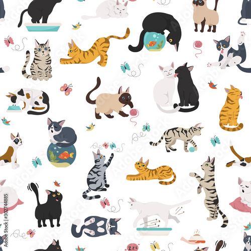 Cartoon cat characters seamless pattern. Different cat`s poses, yoga and emotions set. Flat simple style design
