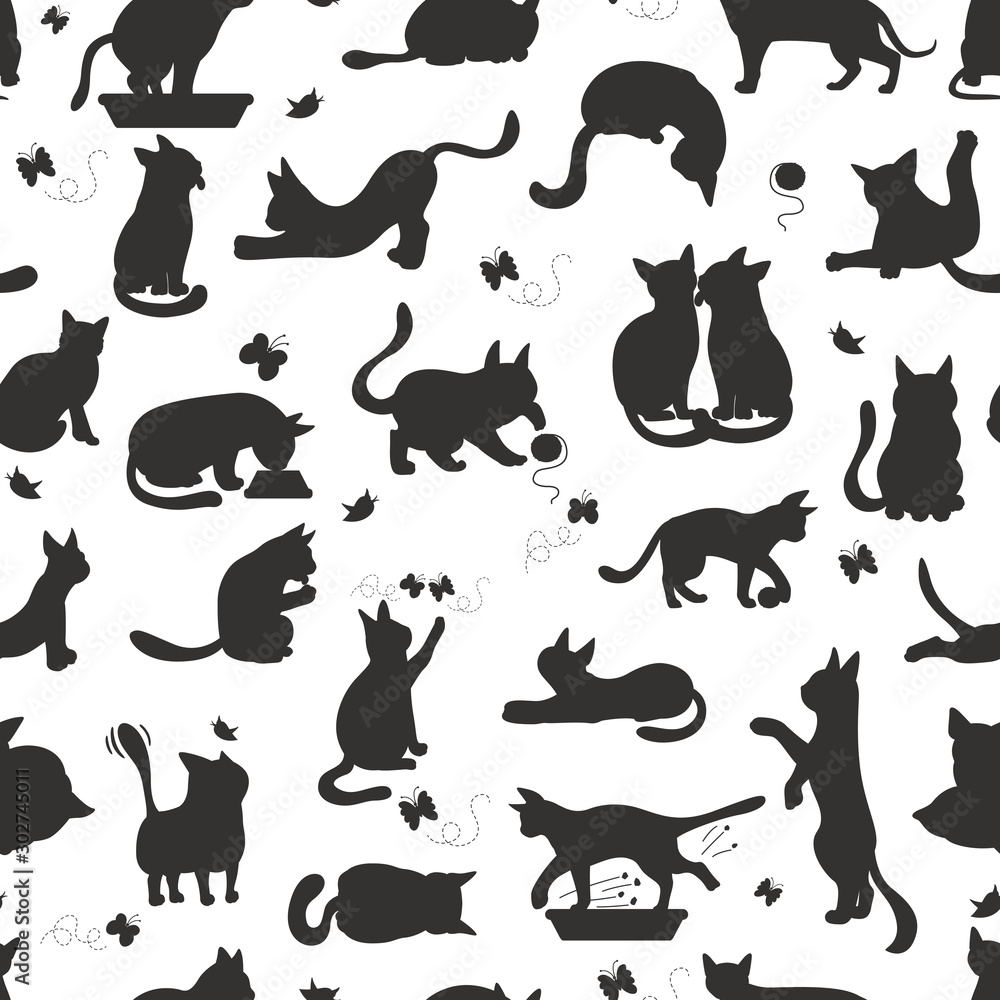 Cartoon cat characters seamless pattern. Different cat`s poses, yoga and emotions set. Flat simple style design