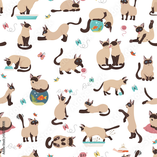 Cartoon cat characters seamless pattern. Different cat`s poses, yoga and emotions set. Flat simple style design