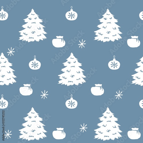 Seamless vector pattern for New Year and Christmas packaging. Colorful illustration with cute fir trees, gift bag, hand drawn christmas toy against blue background. Seamless New Year vector patterns.