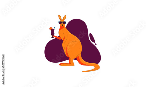 Kangaroo vector illustration. Flat character - cartoonish cute kangaroo - wearing sunglasses and holding cocktail. Isolated on white.