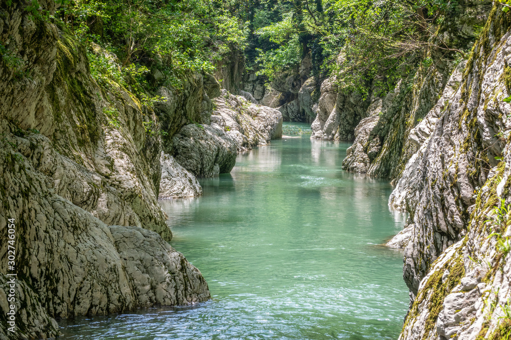 Naklejka premium Mountain river in the stone gorge.