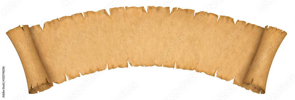 Vintage paper scroll banner isolated on white. Old manuscript or papyrus scroll horizontal oriented. - obrazy, fototapety, plakaty 