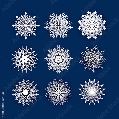 Set of 3d snowflake isolated icon, papercut photo