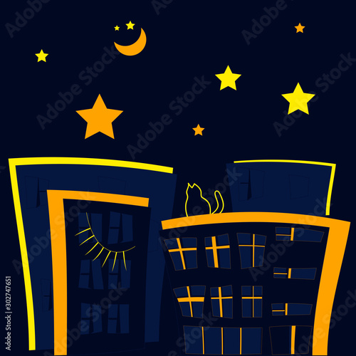children's illustration of a sleeping city on a blue background with houses, windows, doors, shop windows, eyelashes, the moon, stars, a cat on the roof
