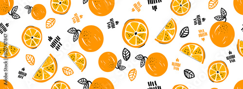 Seamless bright light pattern with Fresh oranges for fabric, drawing labels, print on t-shirt, wallpaper of children's room, fruit background. Slices of orange doodle style cheerful background.