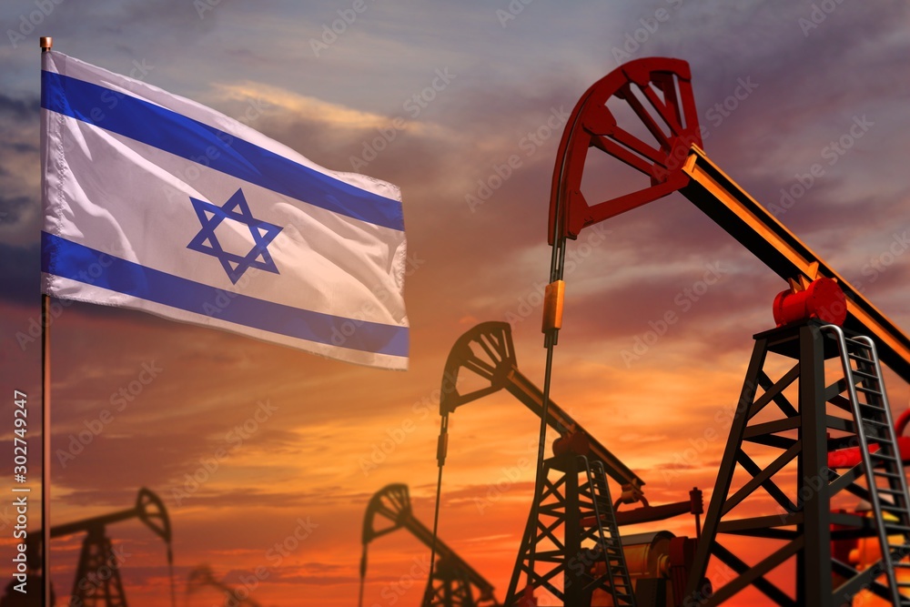 Israel oil industry concept. Industrial illustration - Israel flag and oil wells with the red and blue sunset or sunrise sky background - 3D illustration