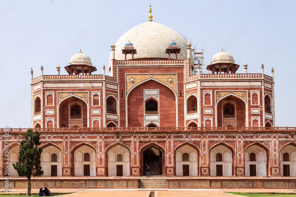 Close view on Main Building of Humayun's Tomb Complex taken from square garden. UNESCO World Heritage in Delhi, India. Asia.