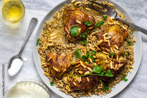 Overhead view of freekeh with chicken photo