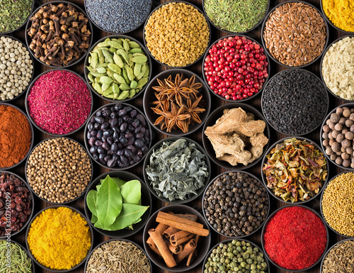 Bright spice background, top view. Collection  seasoning and herbs of Indian ...
