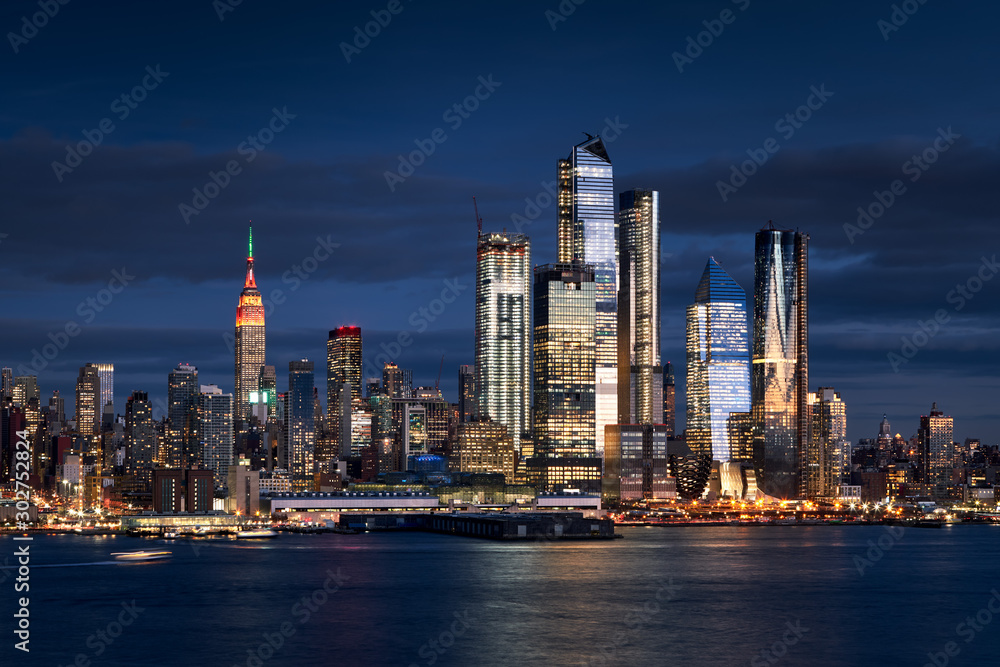 New York City skyline from the Hudson River with the skyscrapers of the Hudson Yards redevelopment project. Manhattan Midtown West, NYC, NY, USA