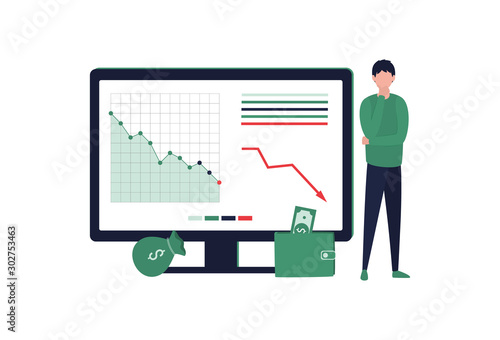 Bankruptcy company concept. The man props his head with his hand, studies the reports on the screen. The financial crisis, credit loss, inefficient startup management. Flat vector illustration.