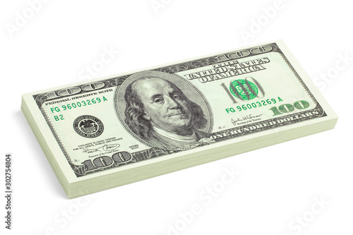 Top view and side view on a stack of hundred dollar banknotes isolated on a white background. Business and finance concept. Design Element, Clipping Path. American cash money.