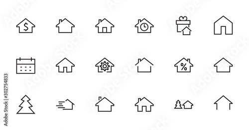 Simple set of line vector home icons. Contains house symbols at interest, infuse house and more. Editable stroke. 48x48 pixels perfect.