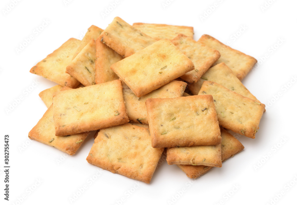 Pile of garlic, rosemary and sea salt crackers Pile of garlic, rosemary and sea salt crackers
