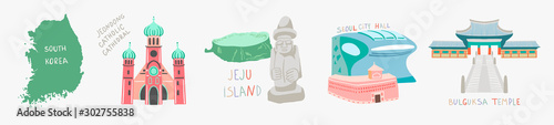 doodle flat vector illustration sights of south korea