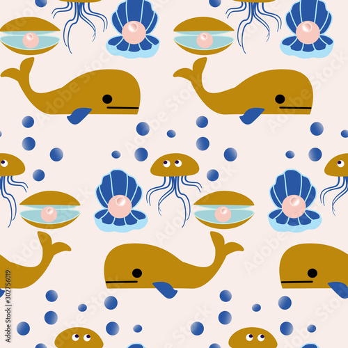 Golden wheals, jellyfish and beautiful pearls in a seamless pattern design