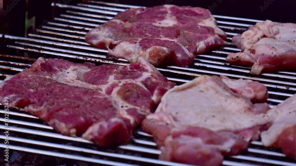 Meat pork and chicken baking on a barbecue outside / meat over a grill 4K Meat pork and chicken baking on a barbecue outside / meat over a grill 4K