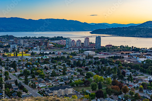 Kelowna British Columbia and Okanagan Lake from Knox Mountain at sunset