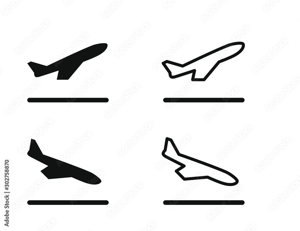 Airplane linear and solid icons, departure and arrival. Aircraft boarding at airport. Tourism and travel. Tourist route by plane. Airplane linear and solid icons, departure and arrival. Aircraft boarding at airport. Tourism and travel. Tourist route by plane.