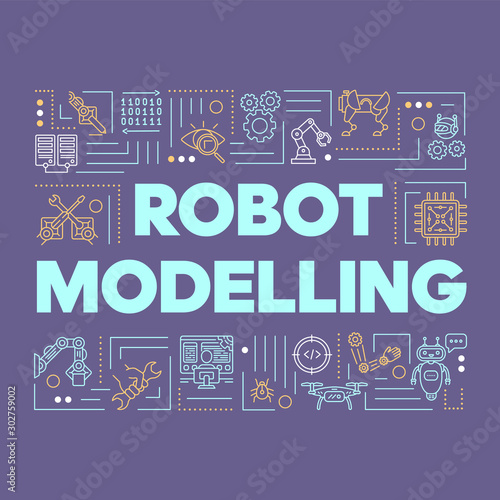 Robot modelling word concepts banner. Artificial intelligence, smart industry, electronics. Presentation, website. Isolated lettering typography idea with linear icons. Vector outline illustration