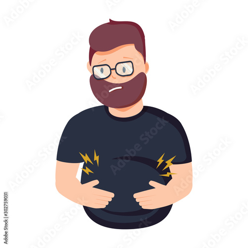 Abdominal bloating. Big fat stomach. Symptom of disease, danger for health. Constipation, diarrhea, Vector illustration