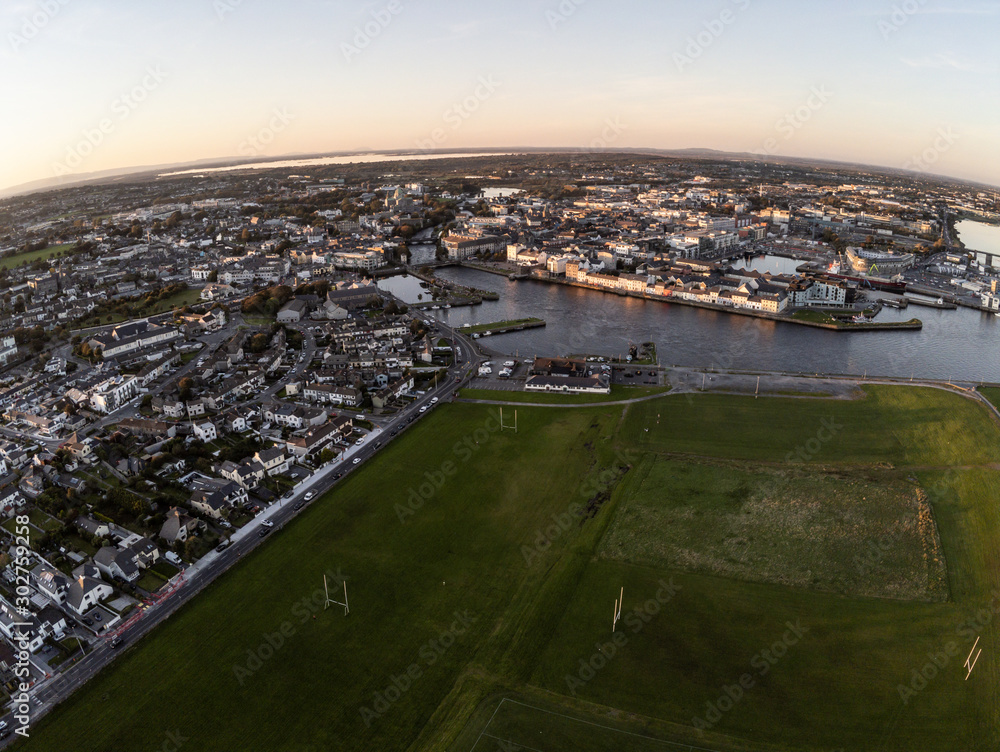 Aerial view of Galway city with Corrib river and Claddagh