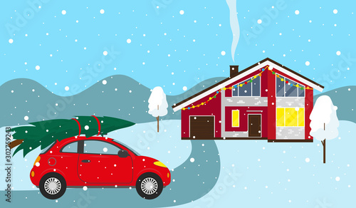 Country house and car with christmas tree.