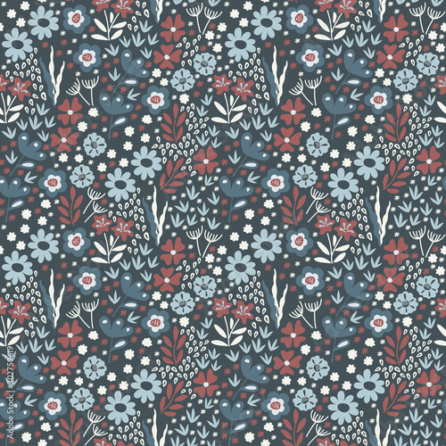 Vector seamless folk pattern, textile design with hand drawn doodle flowers and leaf.