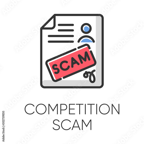 Competition scam color icon. Money deposit fraud. Fake prize scamming. Upfront payment. Financial scamming. Malicious practice. Fraudulent scheme. Isolated vector illustration