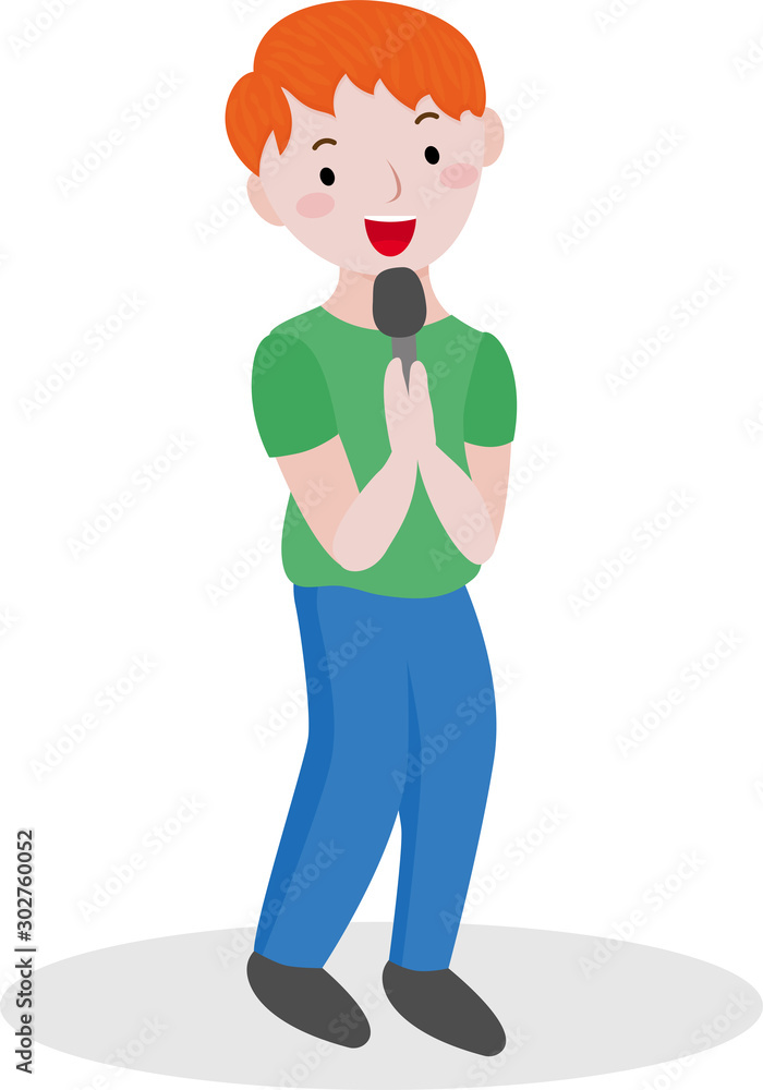 Beautiful boy singing microphone, great design for any purposes. Studio microphone vector. Black background. Vector isolated. Music voice concert. Modern vector. Sing song.