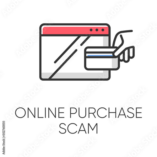 Online purchase scam color icon. Internet shopping scheme. Illegitimate seller. Fake retailer website. Cybercrime. Phishing. Consumer fraud. Malicious practice. Isolated vector illustration