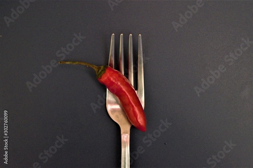 peperoncino rosso piccante ingrediente per cucinare su tavolo con forchetta e coltello di metallo photo