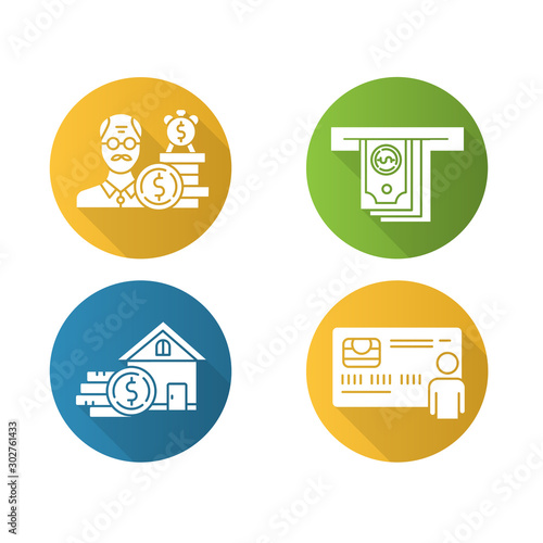 Loan flat design long shadow glyph icons set. Borrowing from Retirement. Pension budget ivestment. Home equity loan. Cash withdrawal from ATM. Personal credit card. Vector silhouette illustration